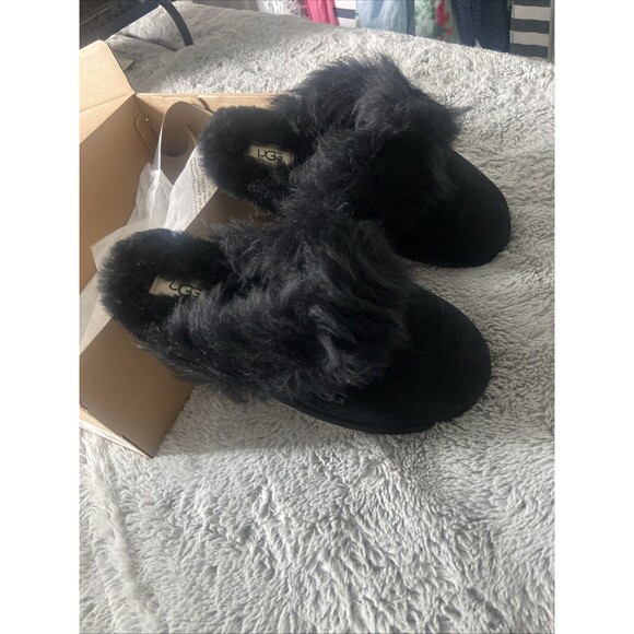 New Women's 100% UGG Scuff Sis Fluffy Fuzzy Slipper Sandals Shoes Black Size 10 - Picture 10 of 16
